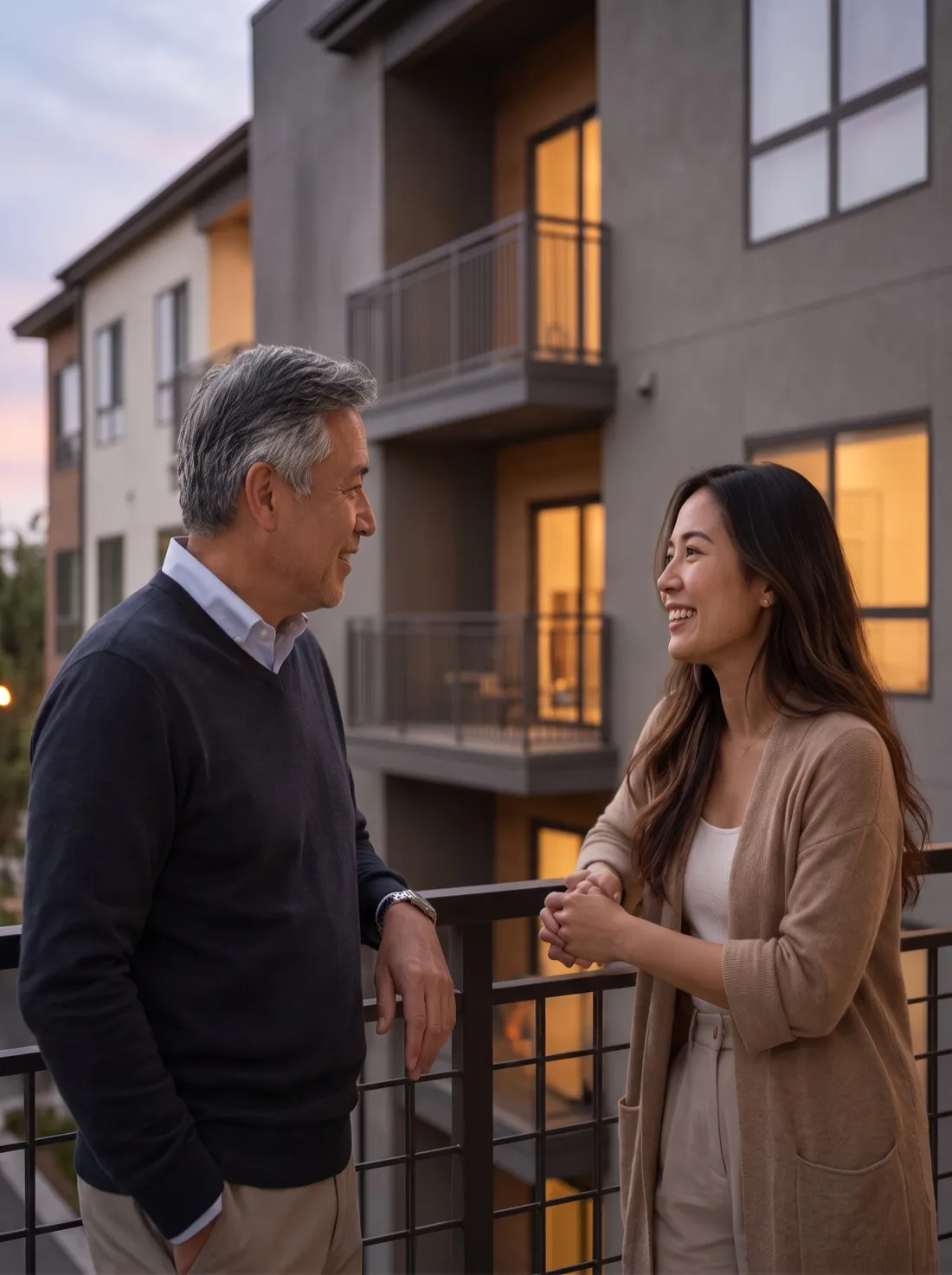 Two people talking on an apartment balcony at dusk, lit windows on the building behind them.