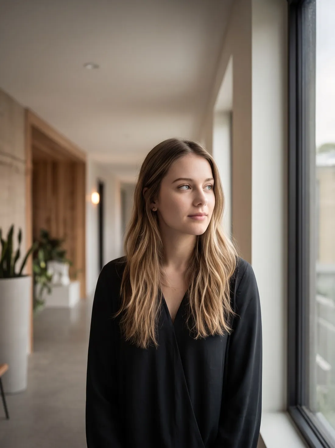 A woman in a dark top standing in a bright apartment corridor, looking out a tall window.