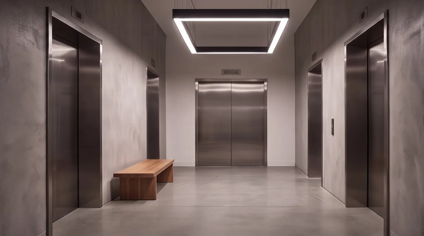 A quiet elevator lobby with concrete walls, steel doors, and a single wooden bench under a square light.